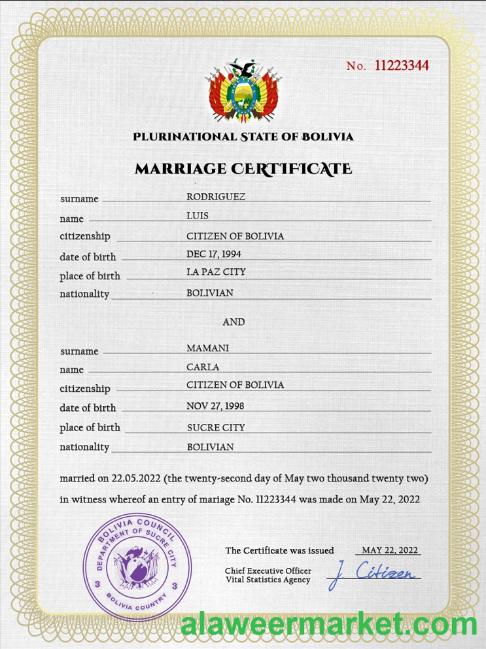 Bolivia marriage certificate